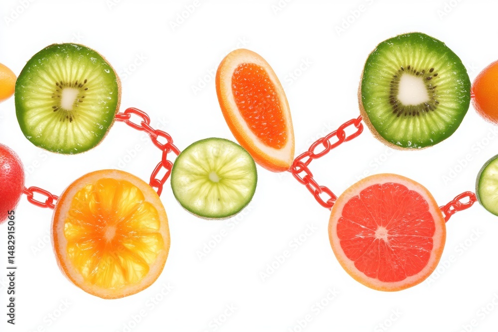 Poster Sliced fruit chain, a refreshing sequence of vibrant cut fruits, neatly linked and isolated on a pristine white background.