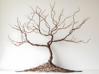 Wire sculpture of tree with intricate branches and twisted roots, showcasing artistic craftsmanship and delicate metalwork in minimalist setting. sculpture evokes creativity and elegance