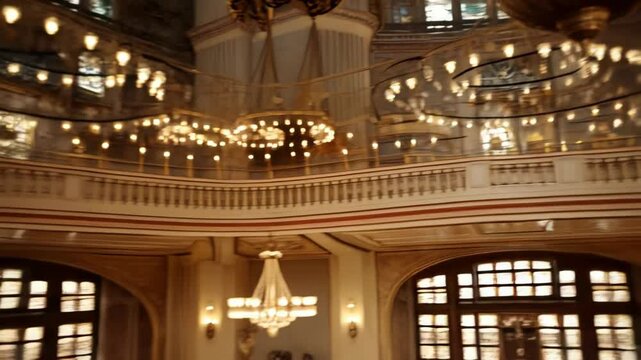 Ornate chandelier and multiple chandeliers within a detailed mosque interior featuring architectural design and hanging lamps