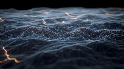 Digital wireframe landscape with glowing lines and dark background, creating abstract and futuristic network effect with depth and motion