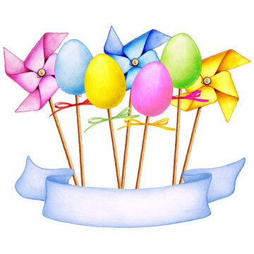 illustration of easter eggs and pinwheels