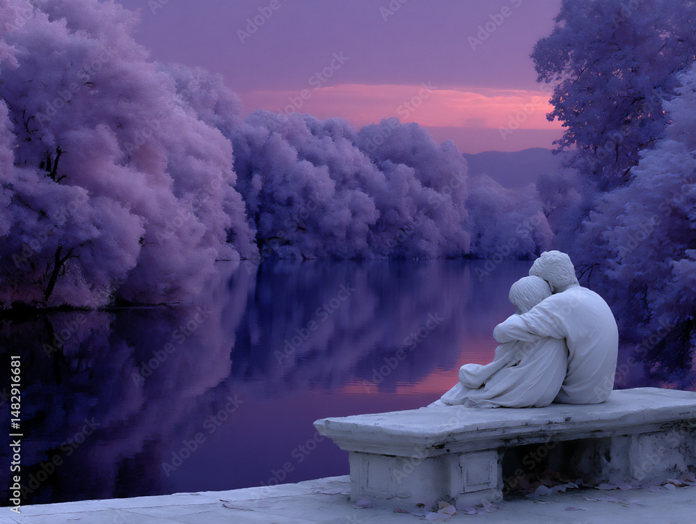 Poster dreamy and serene 3d rendering illustration of two white lovers embracing by a calm lake surrounded 