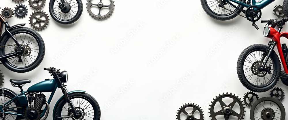 Poster dynamic bikes and intricate gears frame for father's day - mechanical copy space for engineering mes