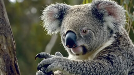 Naklejka premium Close-Up of a Koala Sitting on a Tree Branch in a Natural Habitat