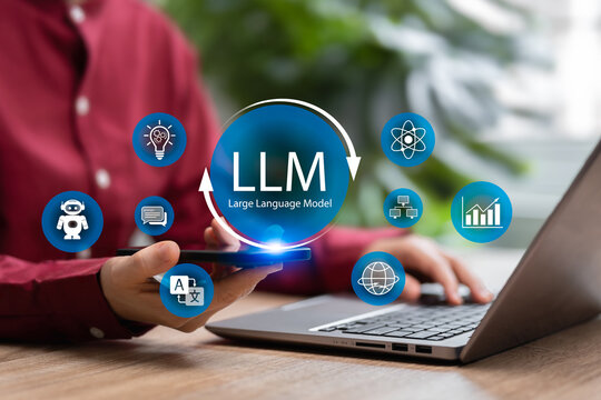 LLM, AI Large Language Model concept, Businesswoman uses a smartphone application with general-purpose language generation capability, Chat AI, Automation, Machine learning, Big Data analysis Document