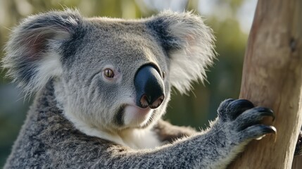 Obraz premium Close-up View of a Koala Climbing a Tree in Natural Habitat