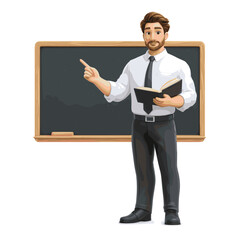 Charming cartoon vector of a male teacher standing by chalkboard with book in hand white background 