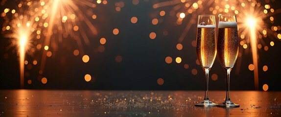 Festive New Year Border Frame with Fireworks and Champagne - Celebratory Scene Featuring Fireworks and Champagne Glasses Surrounding Central Copy Area with Empty Space on Left