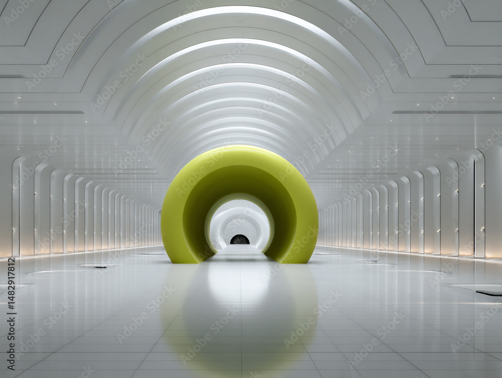 Poster modern and abstract 3d rendering illustration featuring a single, bright green torus floating in a v