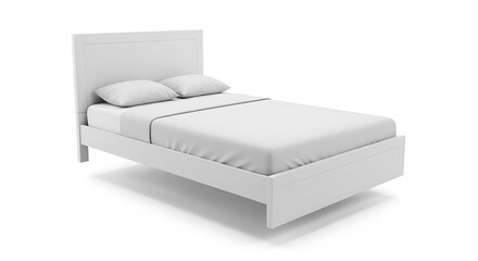 Bed Frame with White Bedding and Pillows Isolated on White