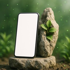 Smartphone nestled among rocks with a plant, showcasing technology's harmony with nature in celebration of World Environment Day.