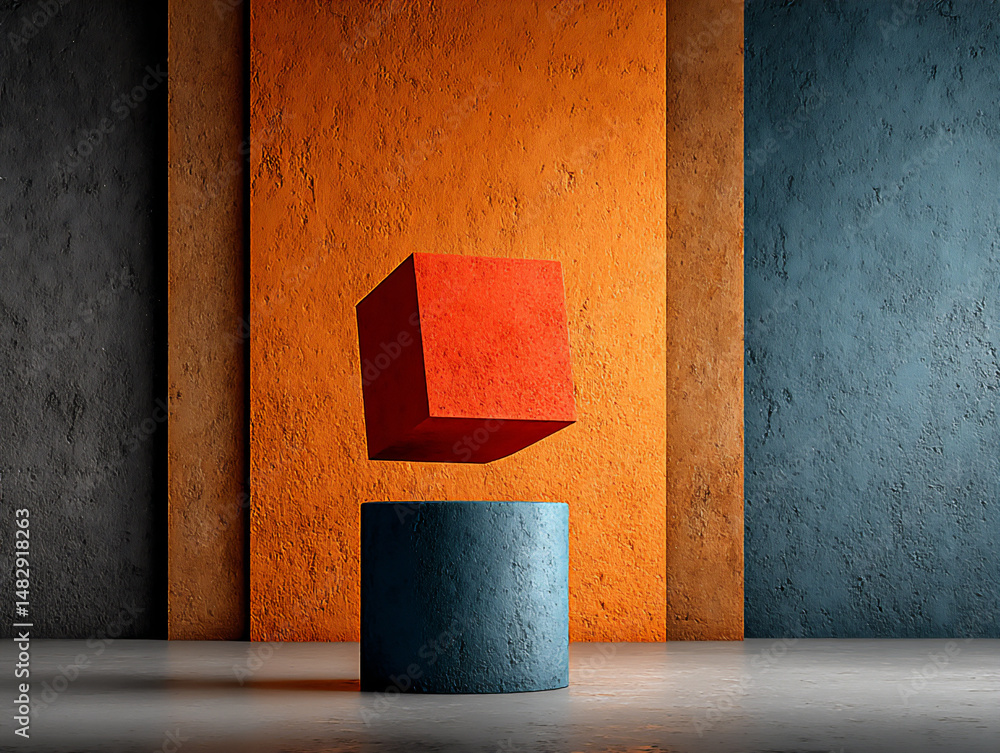 Poster modern and abstract 3d rendering illustration featuring a vibrant red cube balanced on a slender blu