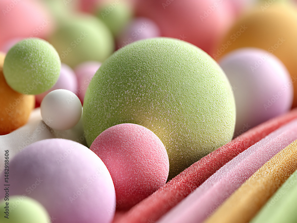 Poster modern and abstract 3d rendering illustration showcasing a collection of pastel-colored spheres of v