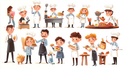 Fototapeta premium Vector illustration of cafe and restaurant characters--chefs, servers, and families enjoying meals