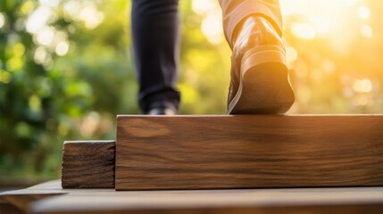 Person Walking on Wooden Plank in Nature During Golden Hour Light