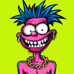 Funny Punk Style Mascot Illustration &ndash; Wild Expression, Chain Necklace, and Vibrant Colors