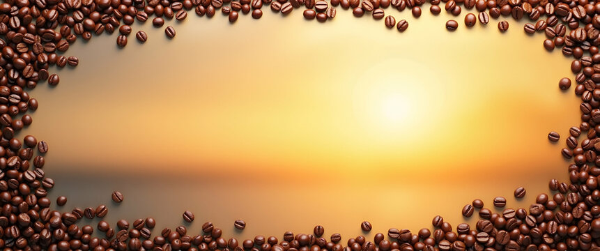 Morning coffee sunrise border with copy space for International Coffee Day motivational posters concept as Morning sunrise with coffee elements forming a border and copy space for International Coffee