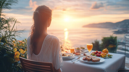 Woman enjoys breakfast with a stunning view from her terrace