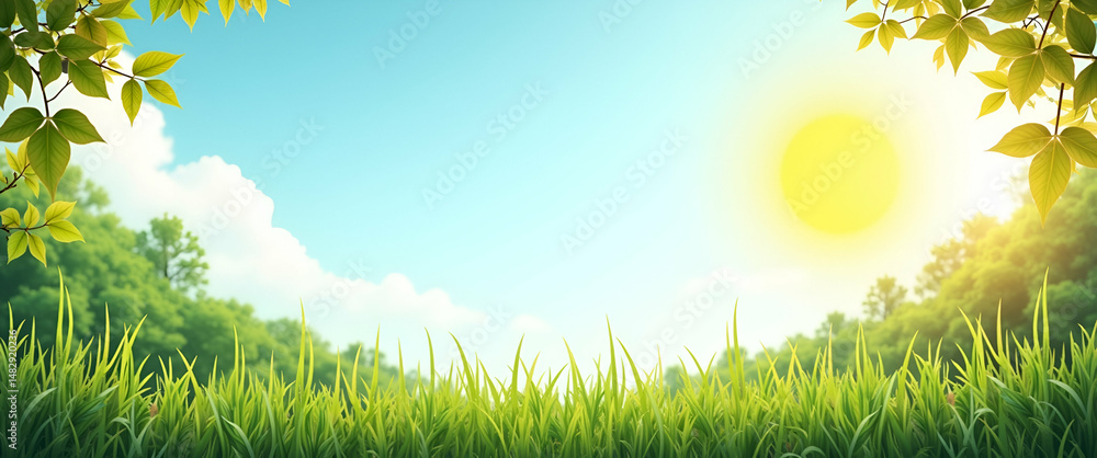 Poster solar sun and greenery border frame with copy space for world environment day renewable energy conce