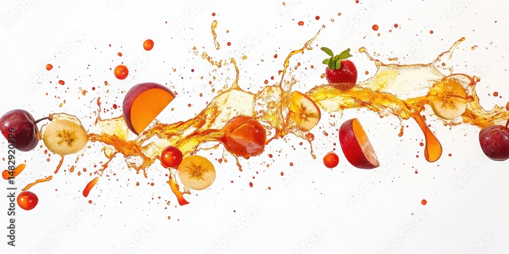 Poster sliced fruit splash mix, a refreshing burst of varied cut fruits, dynamically arranged and isolated 