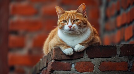 Relaxed Ginger Cat Resting on Brick Wall with Rustic Background