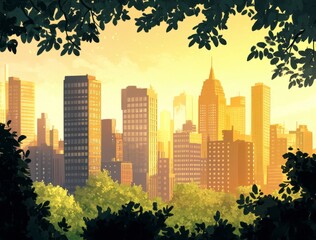 Obraz premium Urban Skyline at Sunset Framed by Lush Greenery and Trees