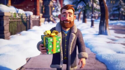 Animated man walking through a snowy winter neighborhood holding a gift box with golden ribbon. concept of holiday spirit, winter joy, festive surprise, joyful stroll. - Powered by Adobe