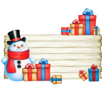 wooden board with snowman with christmas presents