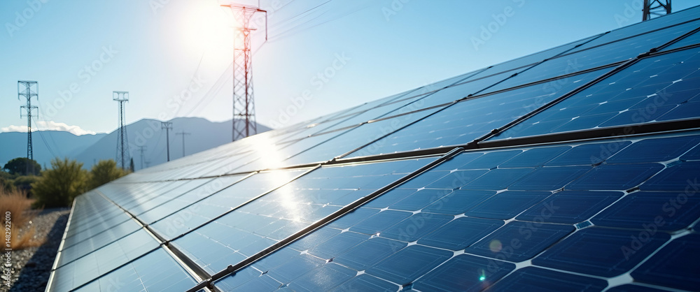 Poster state-of-the-art renewable energy center: advanced solar panel technology with photovoltaic arrays &
