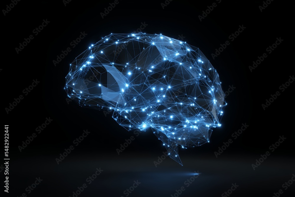 Poster glowing neural network brain symbol made of connected blue light nodes on dark background representi