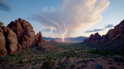 Lightning Strikes Over Landscape with Rocky Formations at Dusk