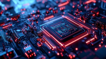 Fototapeta premium Futuristic Circuit Board with Neon Lights and Electronic Components