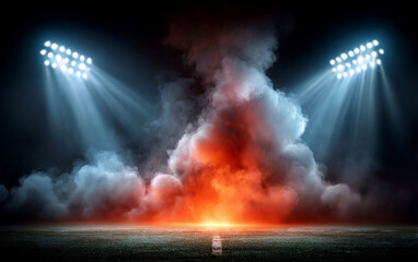 Dramatic stadium lights illuminate smoky sports field