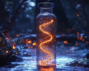 Glowing vial containing a substance capable of rewriting human DNA with swirling genetic sequences inside The vial glows brightly casting an ethereal light in the dark room