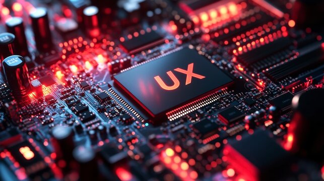 Close-Up View of Electronic Circuit Board with UX Chip Highlighted - Powered by Adobe