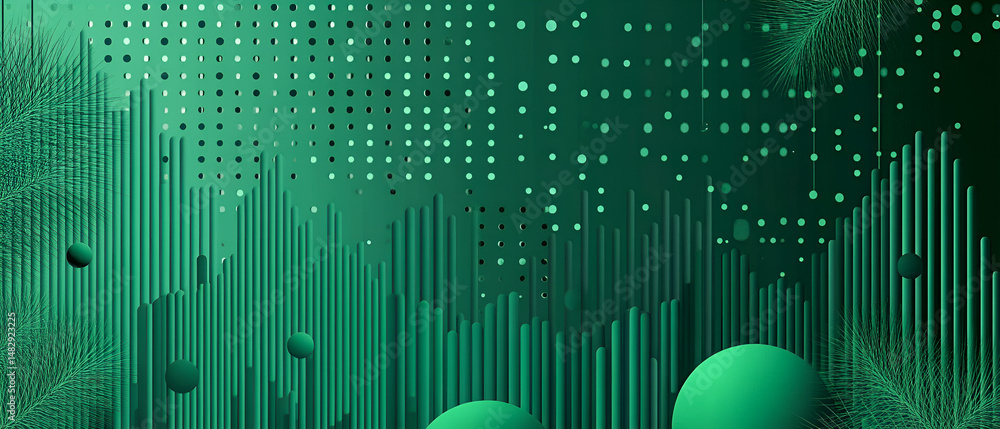 Poster abstract emerald green gradient design with geometric cylinders and floating spheres