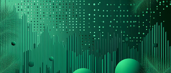 Abstract emerald green gradient design with geometric cylinders and floating spheres