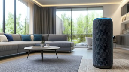 A modern home with integrated smart speakers and voice assistants.
