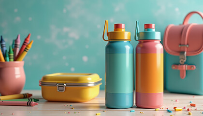 Water bottle label mockup. Mockup of transparent water bottle label on student’s wooden desk with snack box, crayons, and blurred classroom background