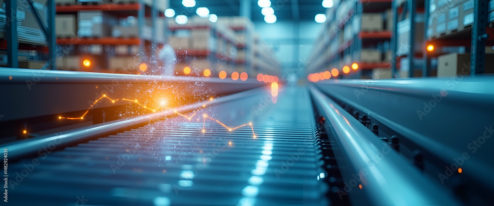 Poster photo realistic double exposure of a conveyor belt and forecasting interface for inventory control -