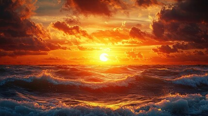 Naklejka premium Fiery Sunset Over a Dramatic Ocean A Breathtaking View