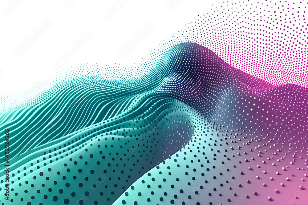 Poster abstract three-dimensional landscape design in teal purple and white using dots and wavy lines