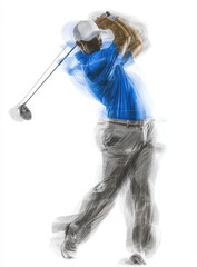 Dynamic artistic rendering of a golfer mid-swing, breaking into abstract particles in a dramatic white background setting.
