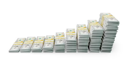 Rising Stacks of Money Representing Financial Growth and Wealth Increase. Transparent PNG.