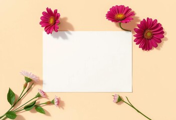 Blank card mockup with flowers and shadows on beige background,  copy space,  texture