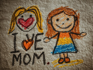 Colorful crayon drawing of a child and mother holding hands with the words "I LOVE MOM" on rustic wooden background.
