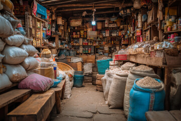 Interior of a general store features packed shelves and sacks of grains for sale in a vibrant scene