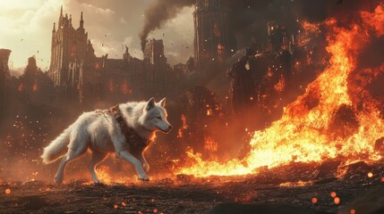 Epic confrontation unfolds with a white wolf leaping alongside a fire mage against a backdrop of a ruined city engulfed in flames
