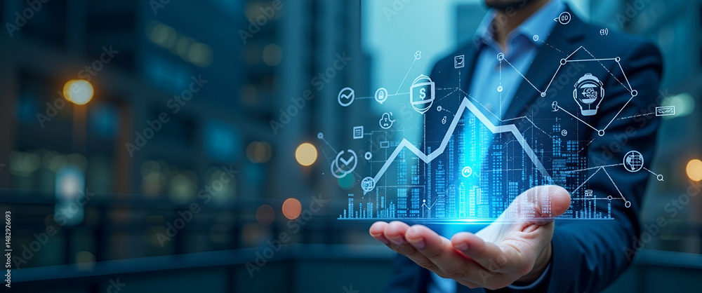 Poster photo realistic overhead view of a ceo with digital icons and data analytics overlay, symbolizing da
