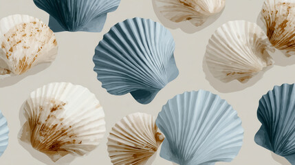 Seashells in pastel colors arranged in a repeating pattern design art